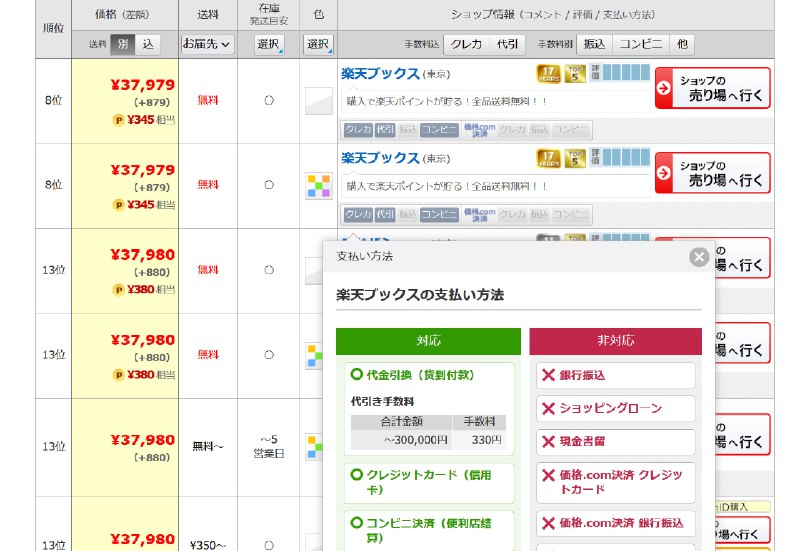 便利店支付日本的网购比价网站「価格.com」，上面展示了四种支付方式，分别是信用卡、货到付款、银行转帐和便利店支付