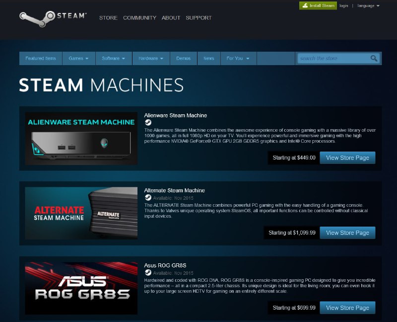 Steam Machine —— 失败是通往成功的经验Steam Machine 是 Valve 公司在 2015年11月 推出的系列产品，特点是小型的游戏主机，并且使用 Valev 公司的 SteamOS（基于 Linux），理论上比 Windows 系统的性能更好，但实际测试发现大部分游戏还是不如 Windows，可能是驱动相关的原因