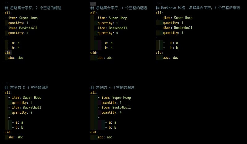 YAML 空格缩进的另一种写法和 Markdown 一样，YAML 也是为了可读性，让规则相对复杂了起来