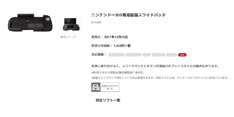 任天堂掌机的扩展外设 其二3DS 的外设相对更有存在感，因为是随《怪物猎人3G》同步发售的「3DS専用拡張スライドパッド」，中文俗称假肢，增加了右摇杆和两个肩键（ZL 与 ZR 按钮），连接方式是 3DS 背后的红外发射与接收器，使用一节 AAA 电池（7 号）