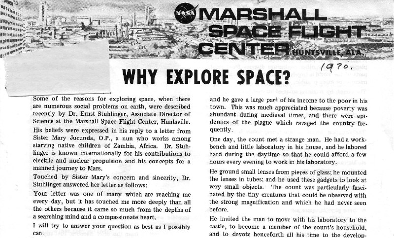 再次出版的故事《Why Explore Space?》是 Ernst Stuhlinger 博士给 Mary Jucunda 写的回信，在 1970 年左右被 NASA 发表