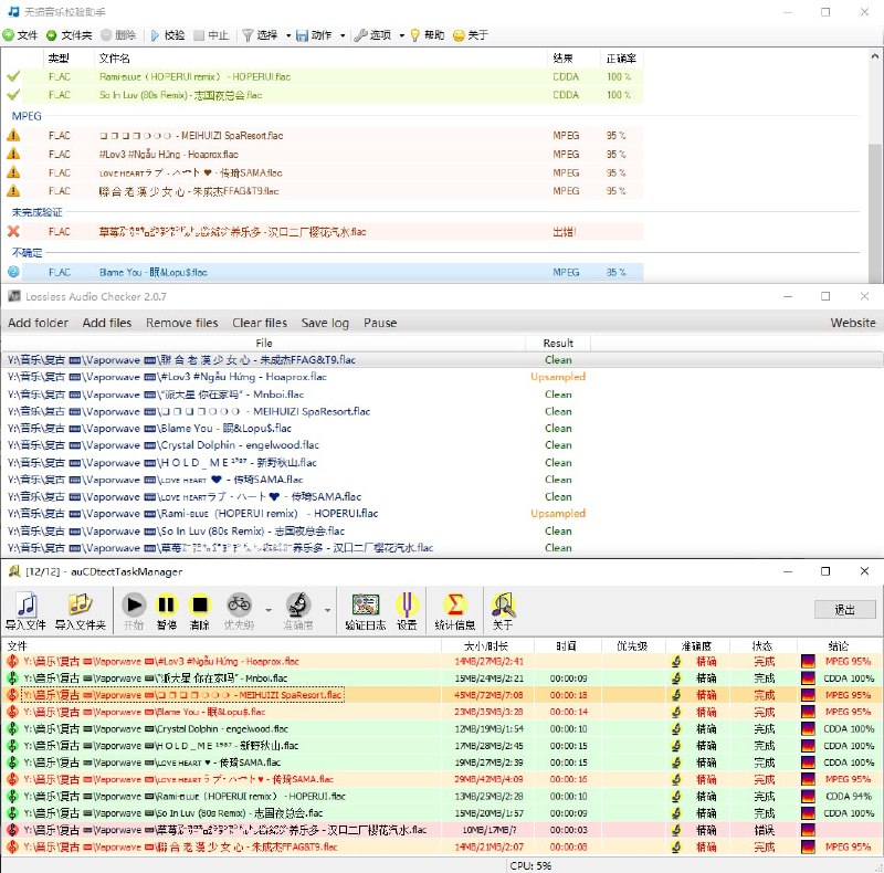 尝试了几个有点年头的无损音乐测试软件，功能上 auCDtect Task Manager 无疑是最优秀的，只是有一些 BUG，比如必须使用管理员权限启动