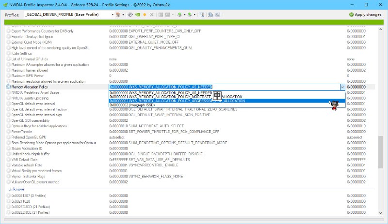 Nvidia Profile InspectorNVIDIA 控制面板的「管理 3D 设置」可能会卡顿，也没有搜索、导入导出配置的功能，很难进行设置（经典的硬件厂商做不好软件问题），于是有开发者自制了一个开源的配置文件编辑器，名为 Nvidia Profile Inspector，它不仅能替代 NVIDIA 不好用的「管理 3D 设置」，还能配置被隐藏的设置