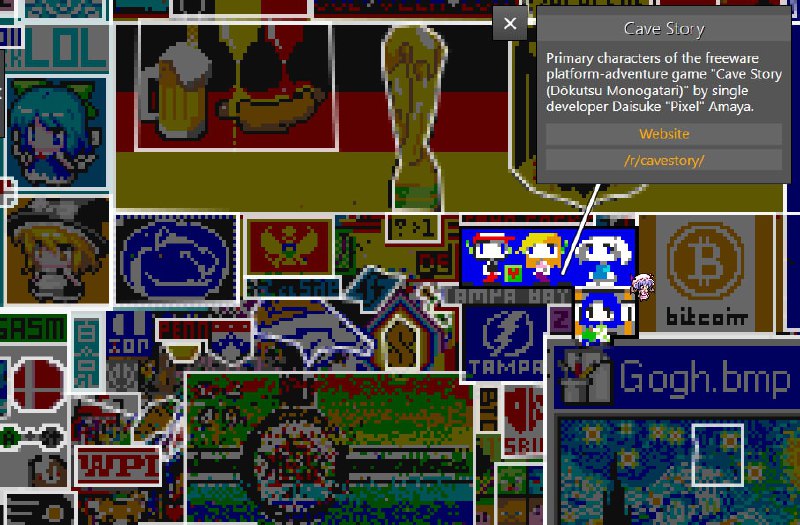 /r/place 博物馆这是 Reddit 在 2017 年的愚人节活动，内容是一个自由编辑的公共画板，每个账号只能改变一个像素的颜色，随后冷却 5 ~ 20 分钟