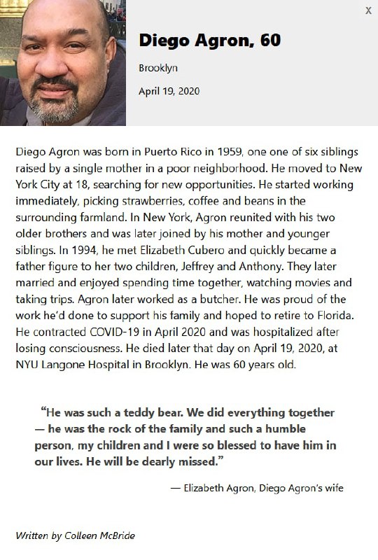 Remembering the New Yorkers We've Lost to‌ COVID‑19这是一个记录因疫情而死亡的纽约人的网站，最初的信息由新闻相关专业团队 THE CITY 收集整并记录