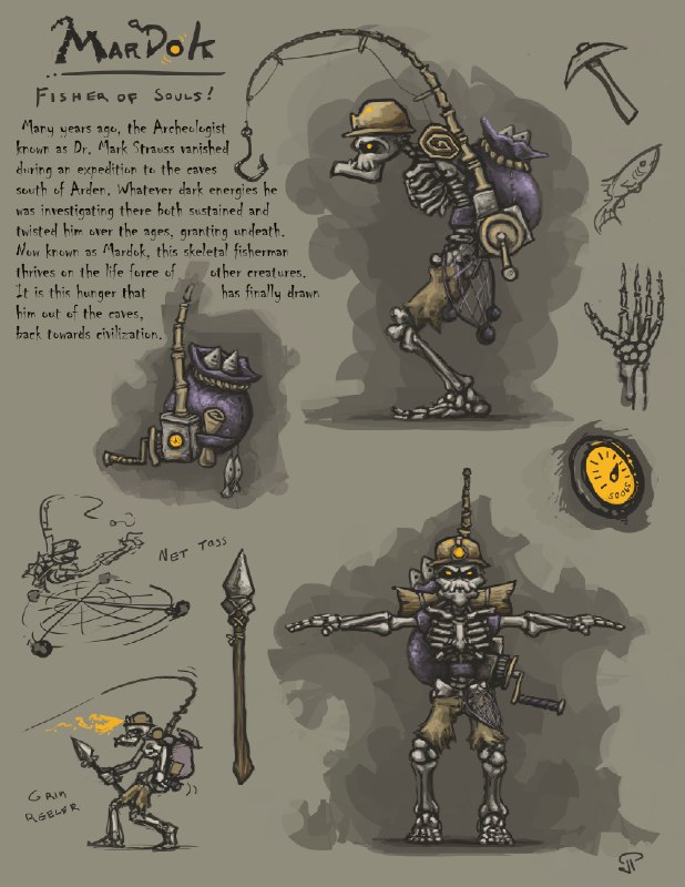 《英雄联盟》里消失的骷髅英雄 Mardok2010年4月，拳头游戏公司的美术主管、技术美术 JesterCapp 曾发布了新英雄「Mardok - Fisher of Souls」的设定图