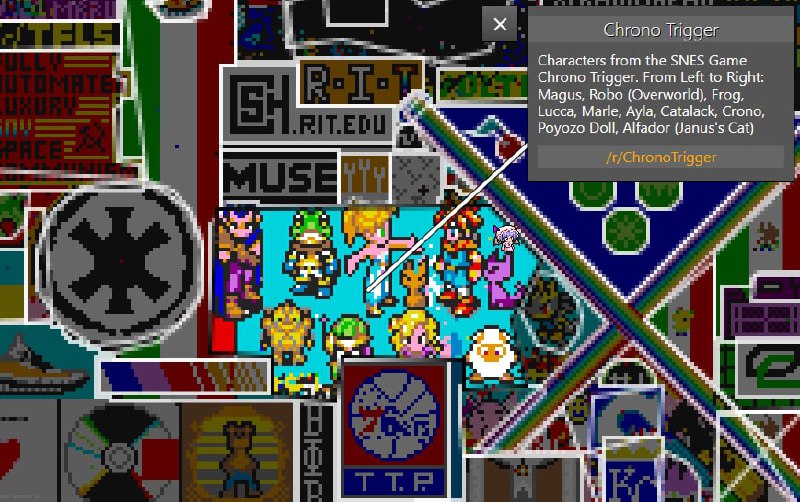 /r/place 博物馆这是 Reddit 在 2017 年的愚人节活动，内容是一个自由编辑的公共画板，每个账号只能改变一个像素的颜色，随后冷却 5 ~ 20 分钟